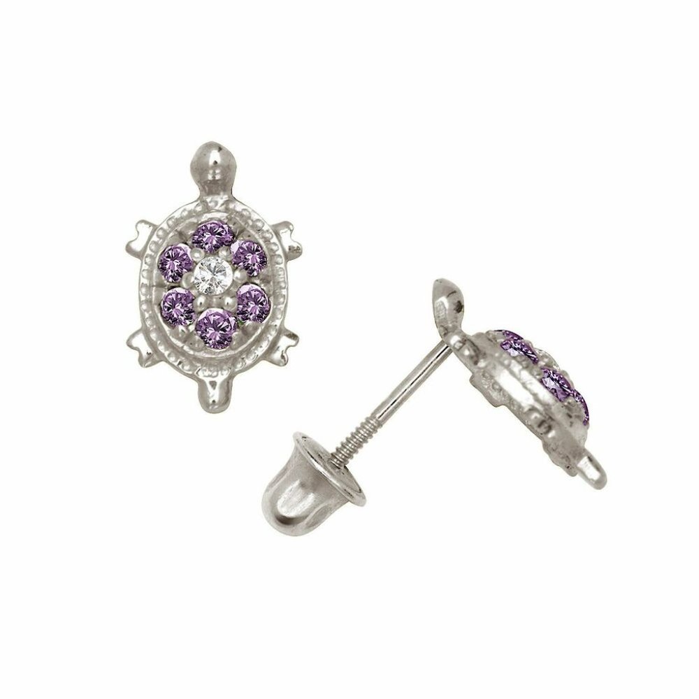 14k Solid White Gold Birthstone Turtle Screw Back… - image 3
